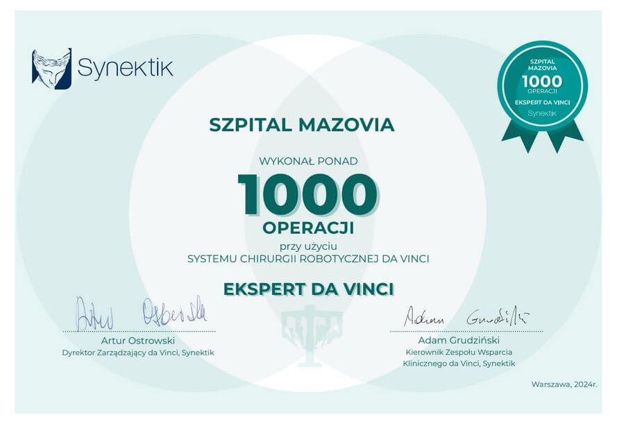 Certyfikat szpitala Mazovia za wykonanie ponad 1000 operacji przy użyciu systemu chirurgii robotycznej Da Vinci